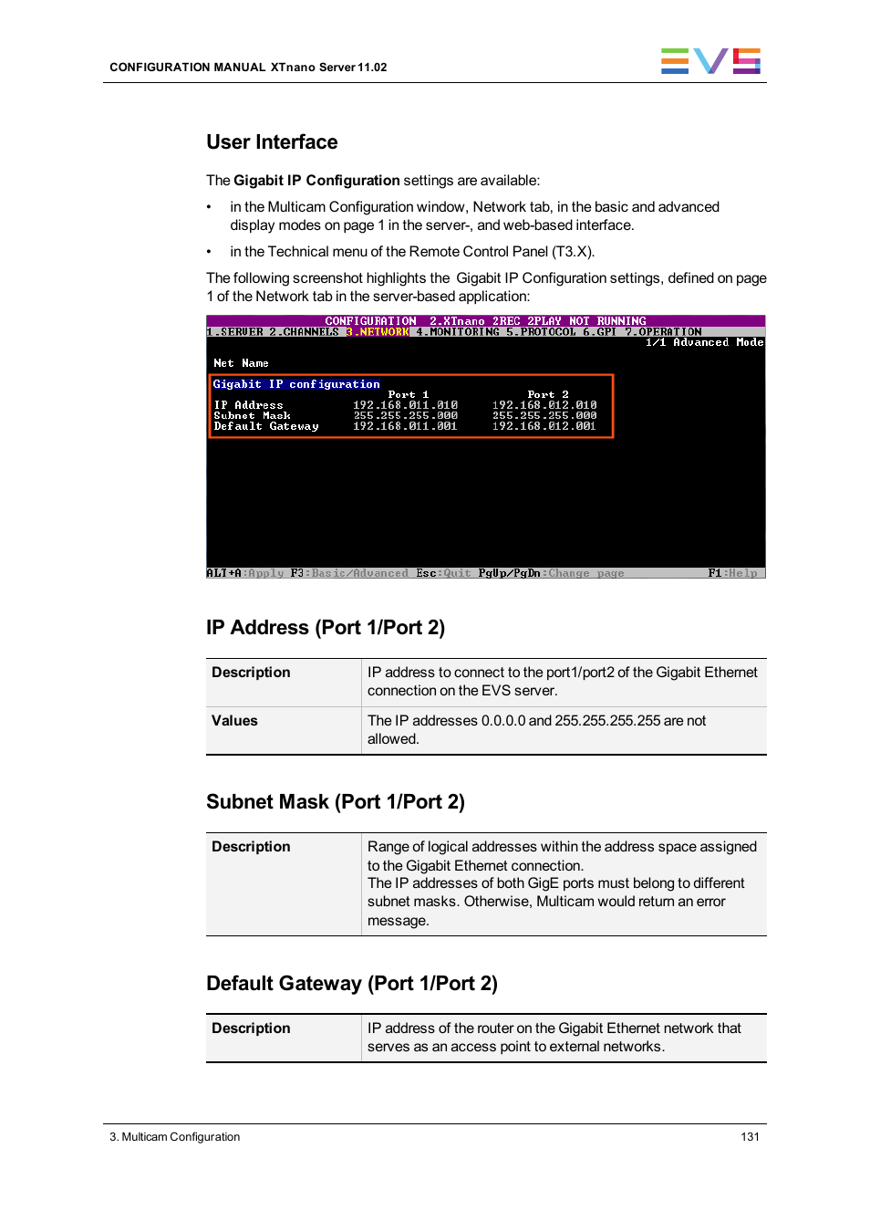 User interface, Ip address (port 1/port 2), Subnet mask (port 1/port 2) | Default gateway (port 1/port 2) | EVS XTnano Version 11.02 - July 2013 Configuration Manual User Manual | Page 139 / 190