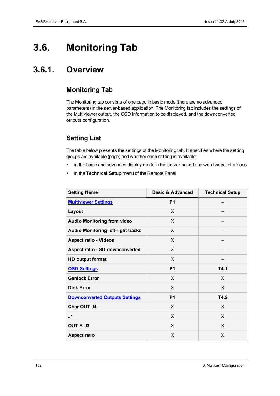 Monitoring tab, Overview, Monitoring settings | Setting list | EVS XTnano Version 11.02 - July 2013 Configuration Manual User Manual | Page 140 / 190