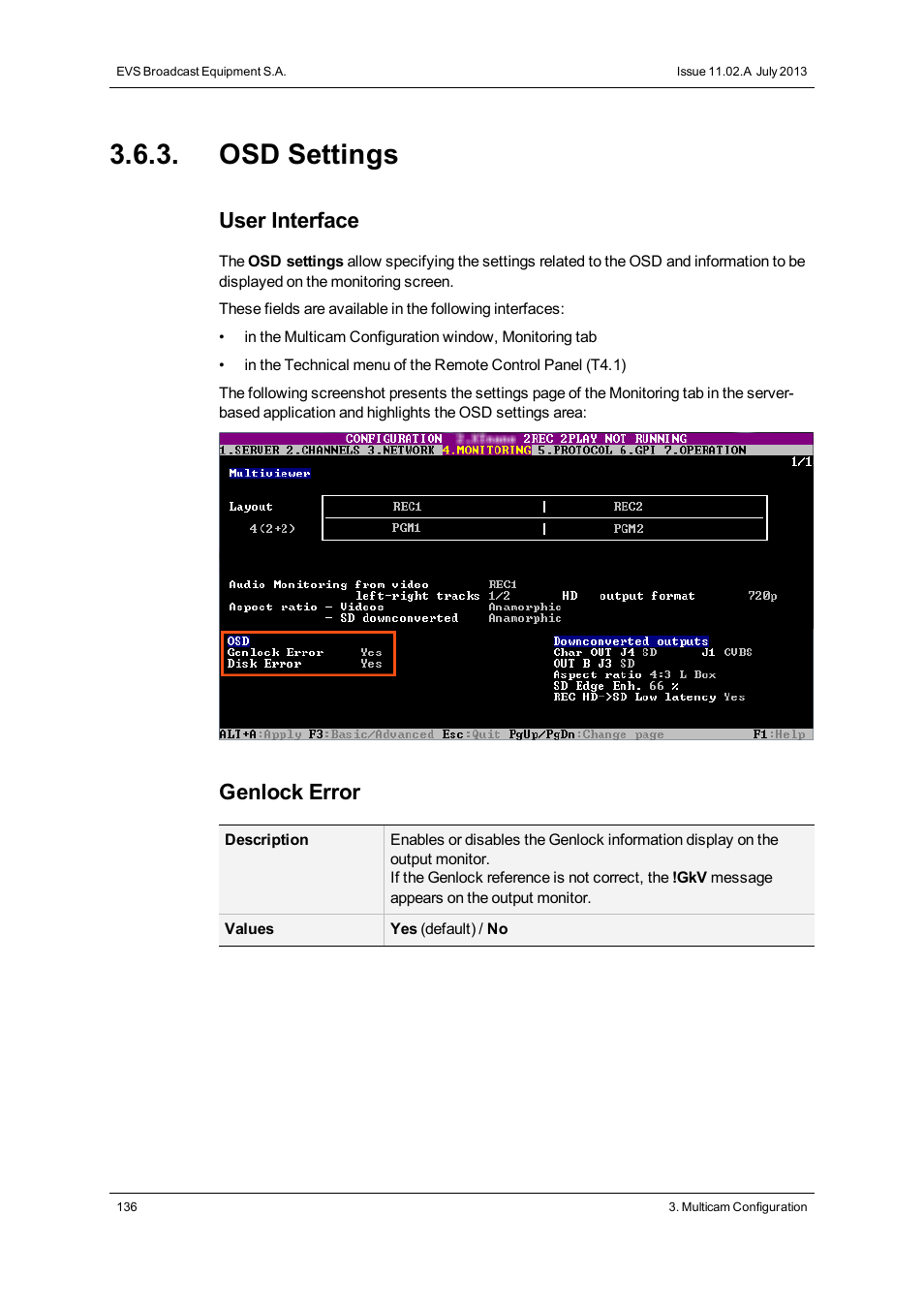 Osd settings, User interface, Genlock error | EVS XTnano Version 11.02 - July 2013 Configuration Manual User Manual | Page 144 / 190
