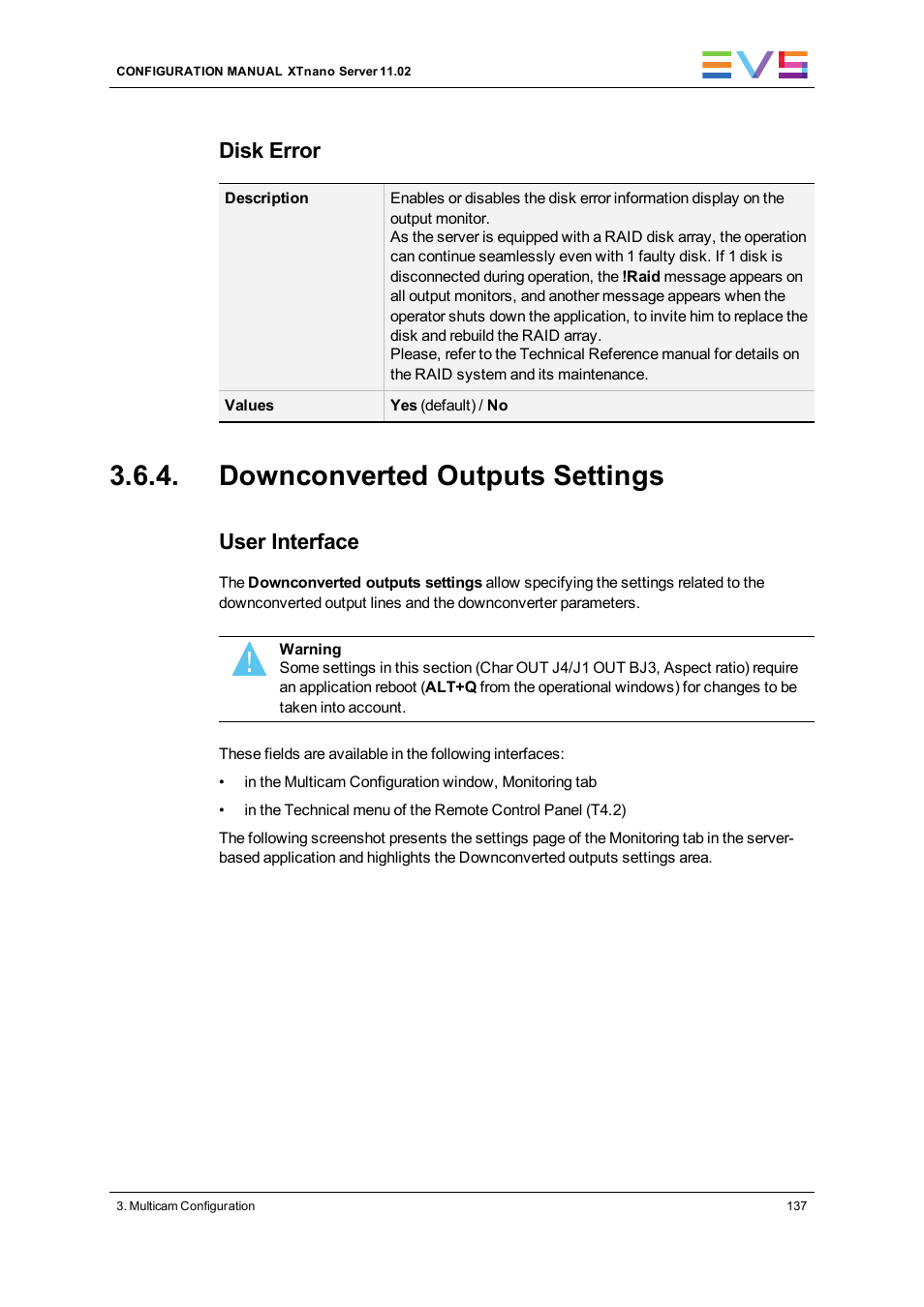 Downconverted outputs settings, Disk error, User interface | EVS XTnano Version 11.02 - July 2013 Configuration Manual User Manual | Page 145 / 190