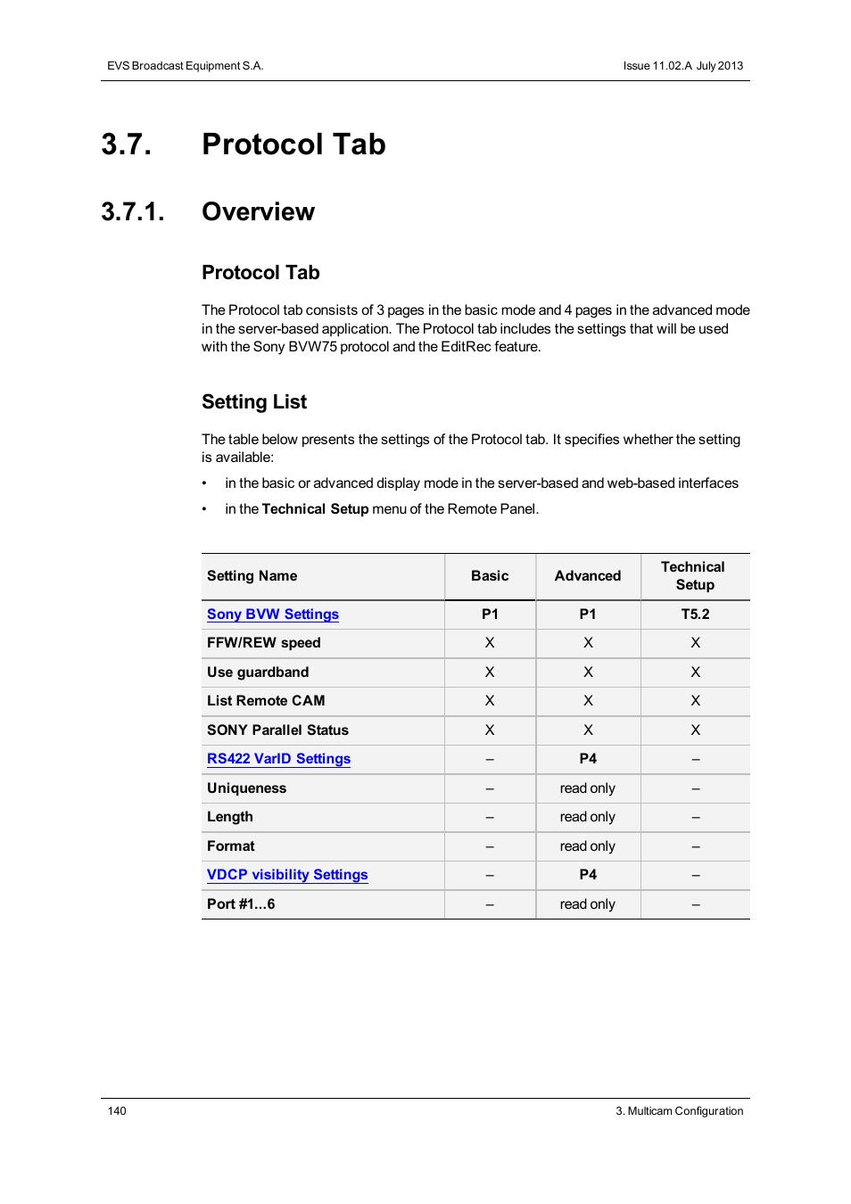 Protocol tab, Overview, Protocol settings | Setting list | EVS XTnano Version 11.02 - July 2013 Configuration Manual User Manual | Page 148 / 190