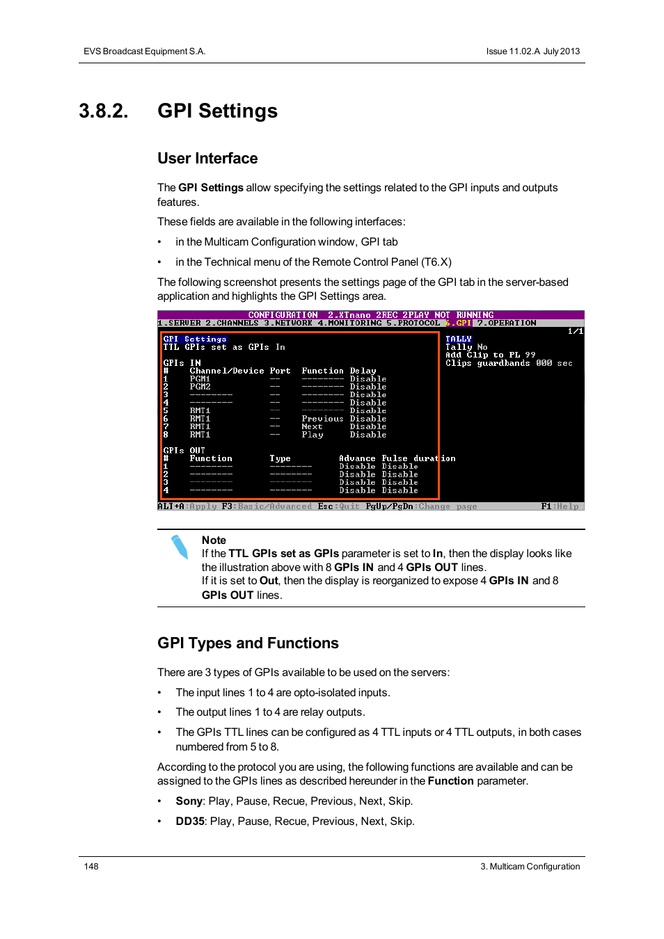 Gpi settings, User interface, Gpi types and functions | EVS XTnano Version 11.02 - July 2013 Configuration Manual User Manual | Page 156 / 190