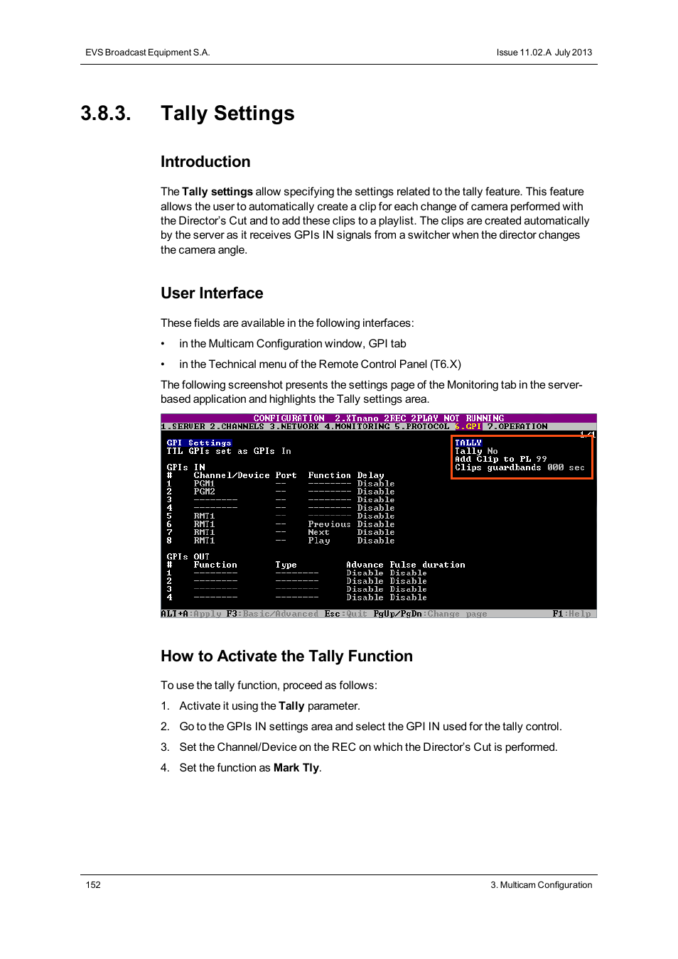 Tally settings, Introduction, User interface | How to activate the tally function | EVS XTnano Version 11.02 - July 2013 Configuration Manual User Manual | Page 160 / 190