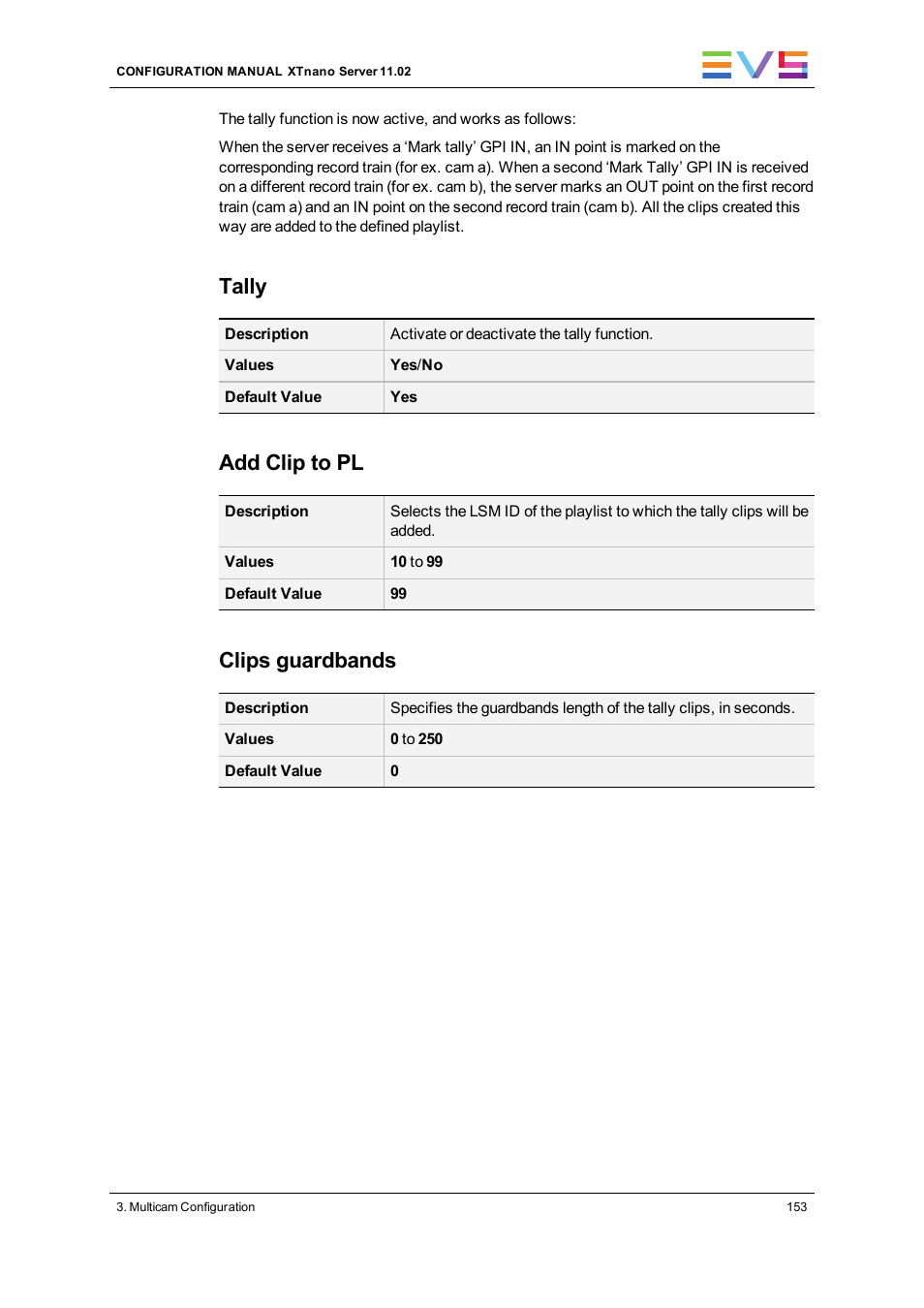 Tally, Add clip to pl, Clips guardbands | EVS XTnano Version 11.02 - July 2013 Configuration Manual User Manual | Page 161 / 190