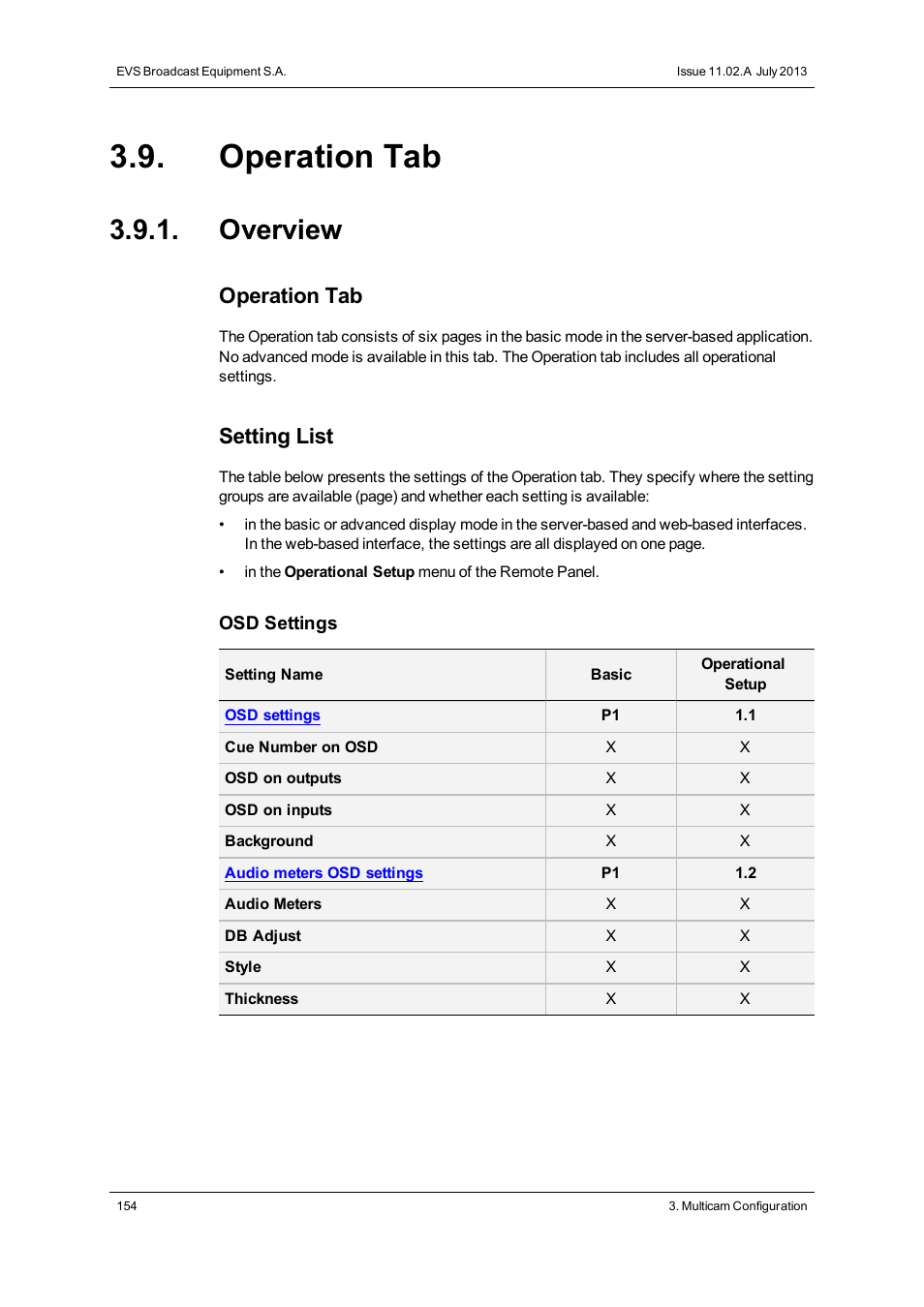 Operation tab, Overview, Operations settings | Setting list | EVS XTnano Version 11.02 - July 2013 Configuration Manual User Manual | Page 162 / 190