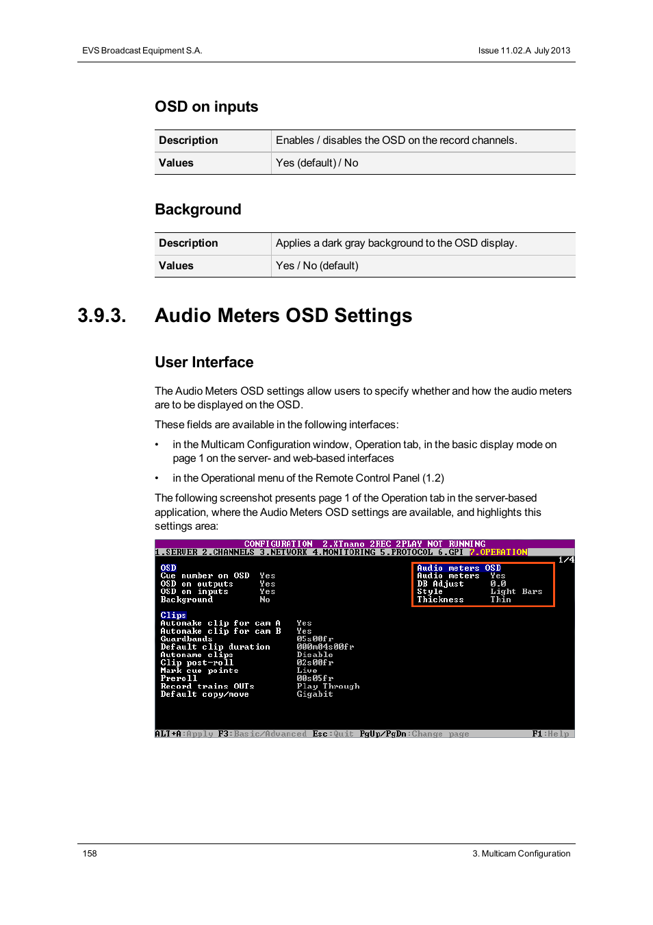 Audio meters osd settings, Osd on inputs, Background | User interface | EVS XTnano Version 11.02 - July 2013 Configuration Manual User Manual | Page 166 / 190