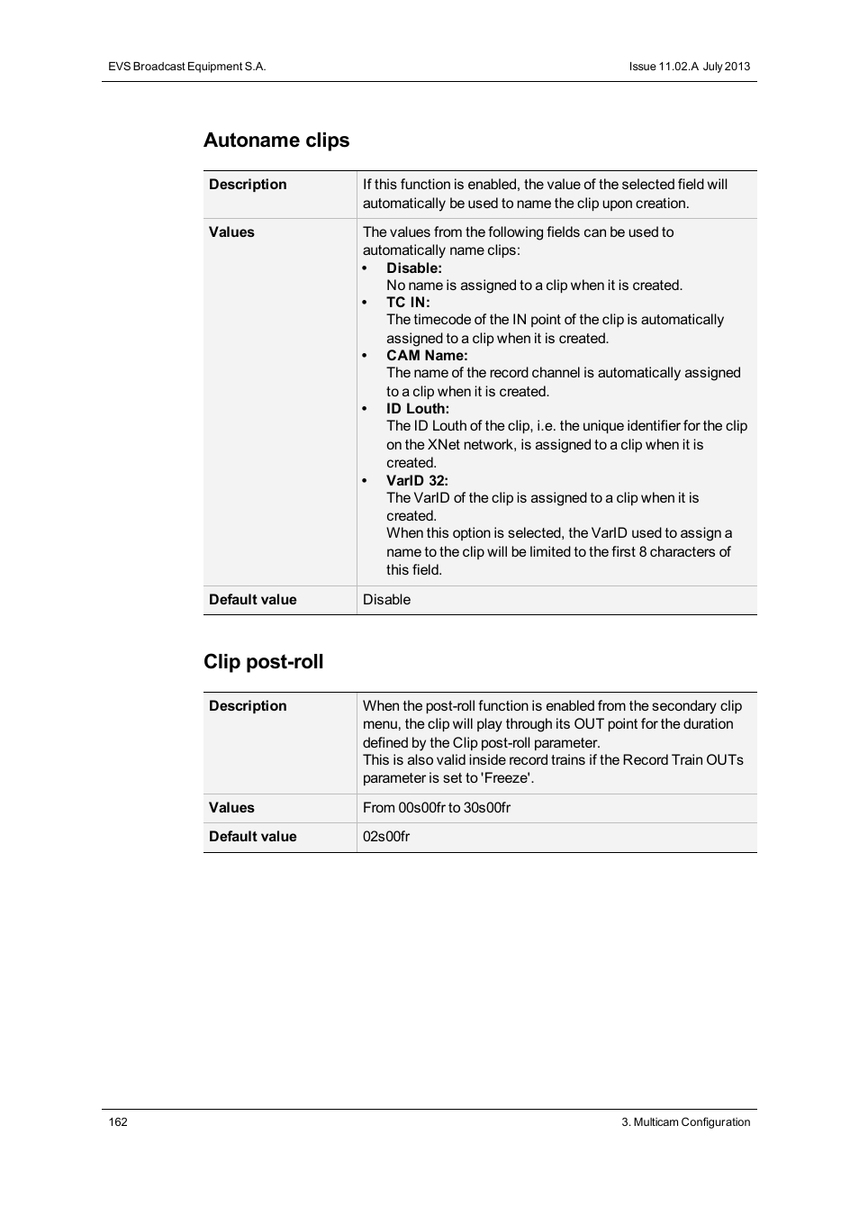 Autoname clips, Clip post-roll | EVS XTnano Version 11.02 - July 2013 Configuration Manual User Manual | Page 170 / 190