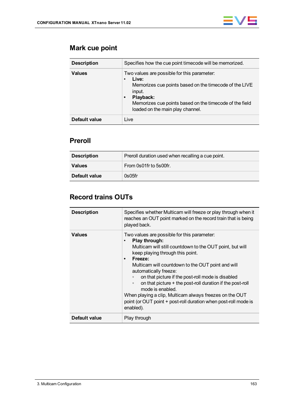 Mark cue point, Preroll, Record trains outs | EVS XTnano Version 11.02 - July 2013 Configuration Manual User Manual | Page 171 / 190