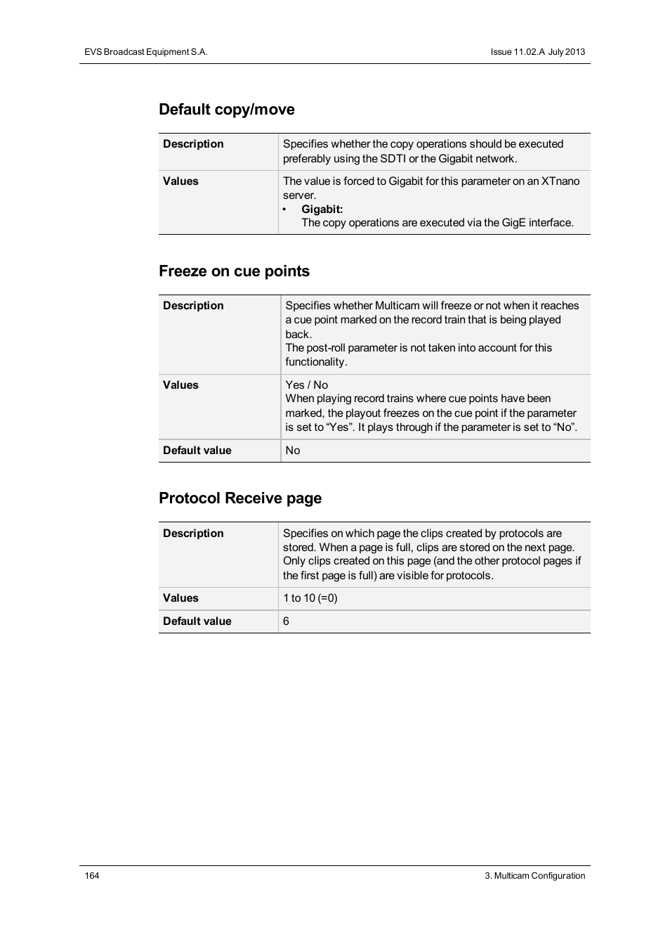 Default copy/move, Freeze on cue points, Protocol receive page | EVS XTnano Version 11.02 - July 2013 Configuration Manual User Manual | Page 172 / 190