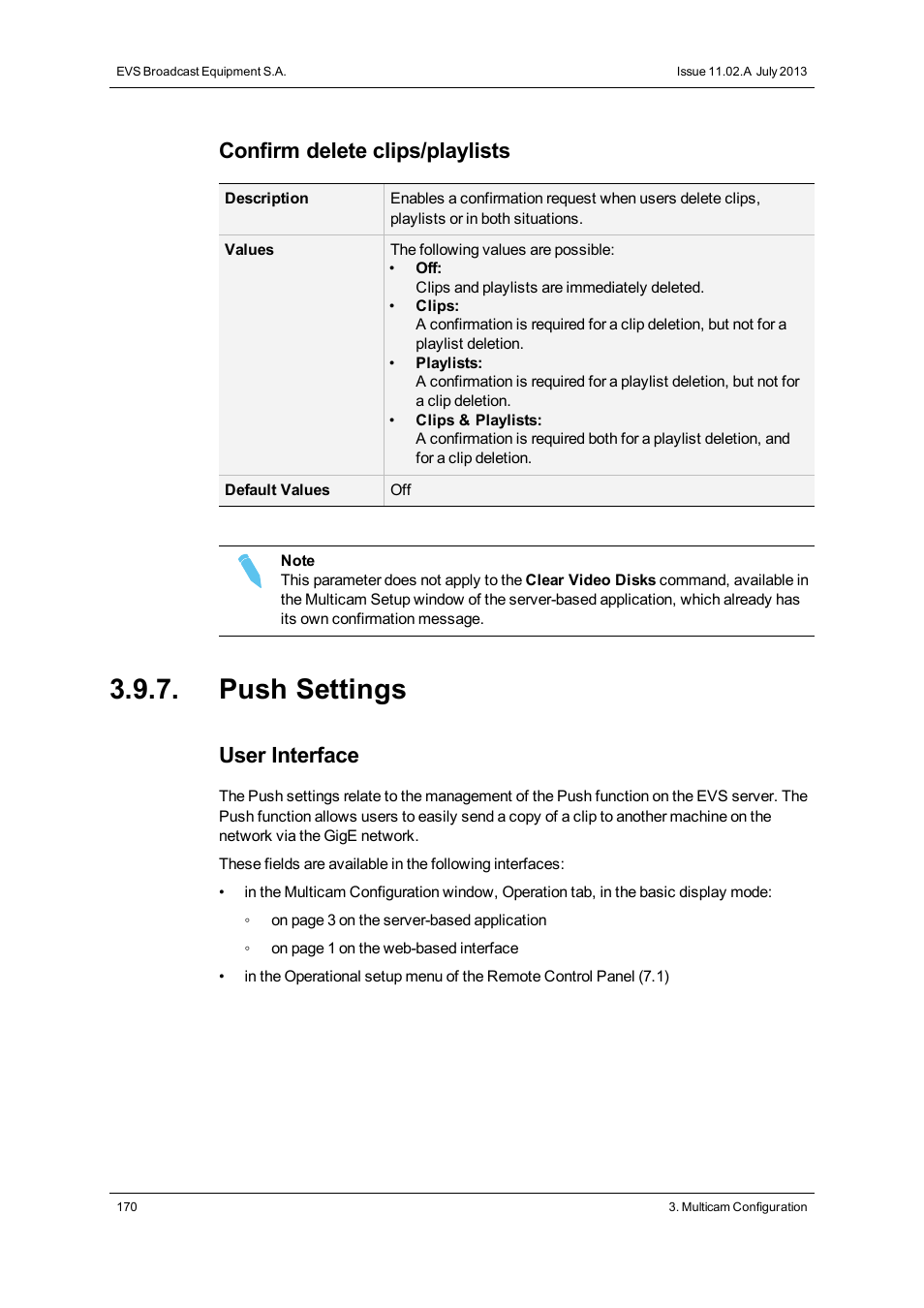 Push settings, Confirm delete clips/playlists, User interface | EVS XTnano Version 11.02 - July 2013 Configuration Manual User Manual | Page 178 / 190