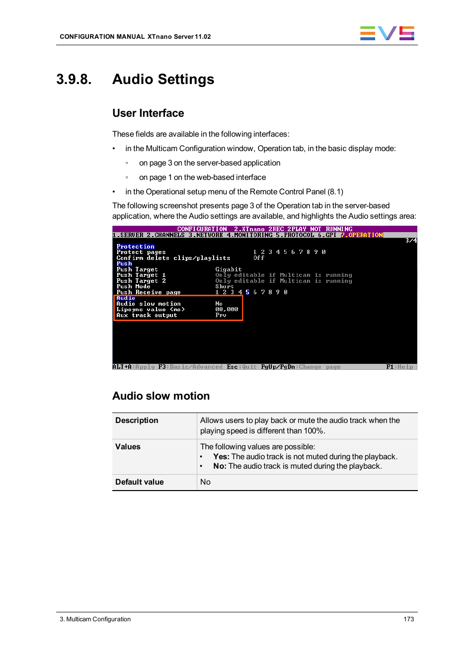 Audio settings, User interface, Audio slow motion | EVS XTnano Version 11.02 - July 2013 Configuration Manual User Manual | Page 181 / 190