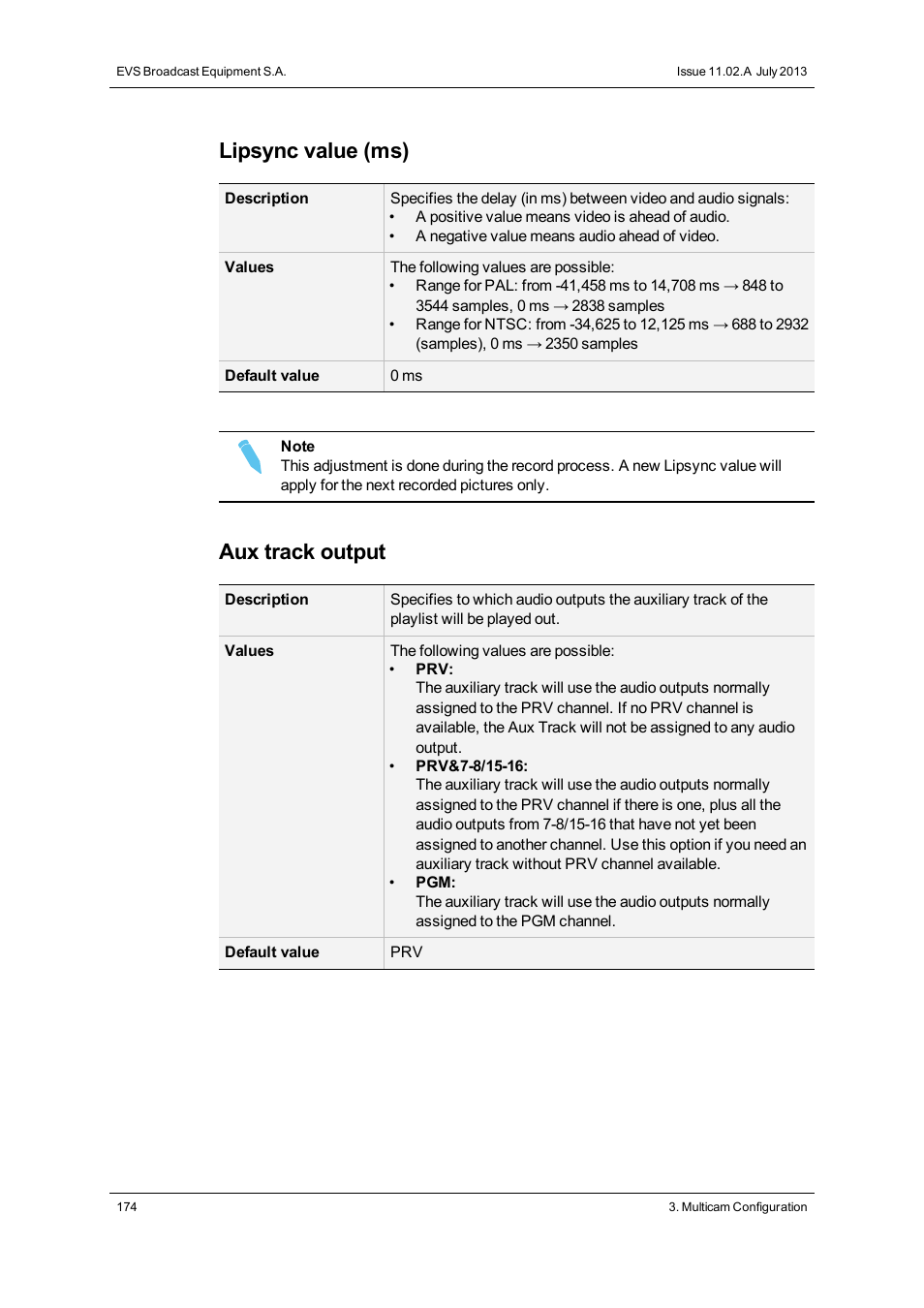 Lipsync value (ms), Aux track output | EVS XTnano Version 11.02 - July 2013 Configuration Manual User Manual | Page 182 / 190