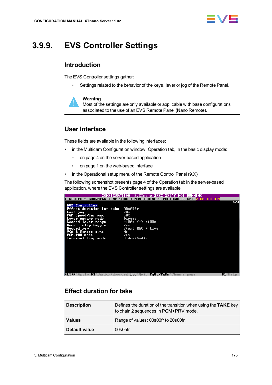 Evs controller settings, Controller settings, Introduction | User interface, Effect duration for take | EVS XTnano Version 11.02 - July 2013 Configuration Manual User Manual | Page 183 / 190