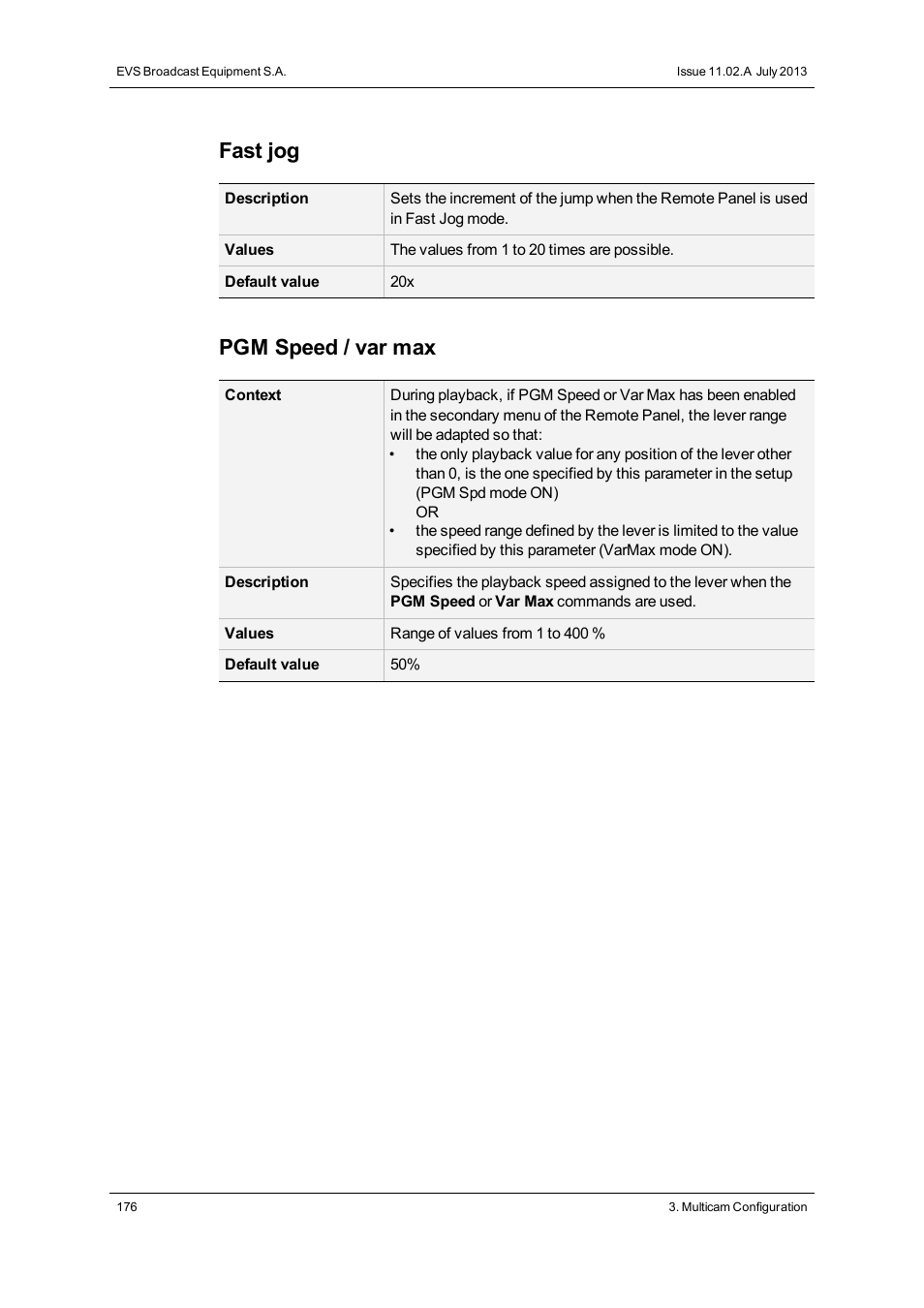 Fast jog, Pgm speed / var max | EVS XTnano Version 11.02 - July 2013 Configuration Manual User Manual | Page 184 / 190