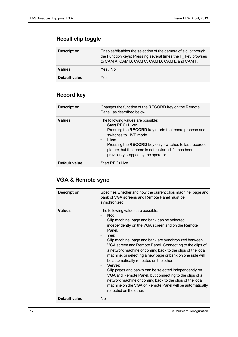 Recall clip toggle, Record key, Vga & remote sync | EVS XTnano Version 11.02 - July 2013 Configuration Manual User Manual | Page 186 / 190