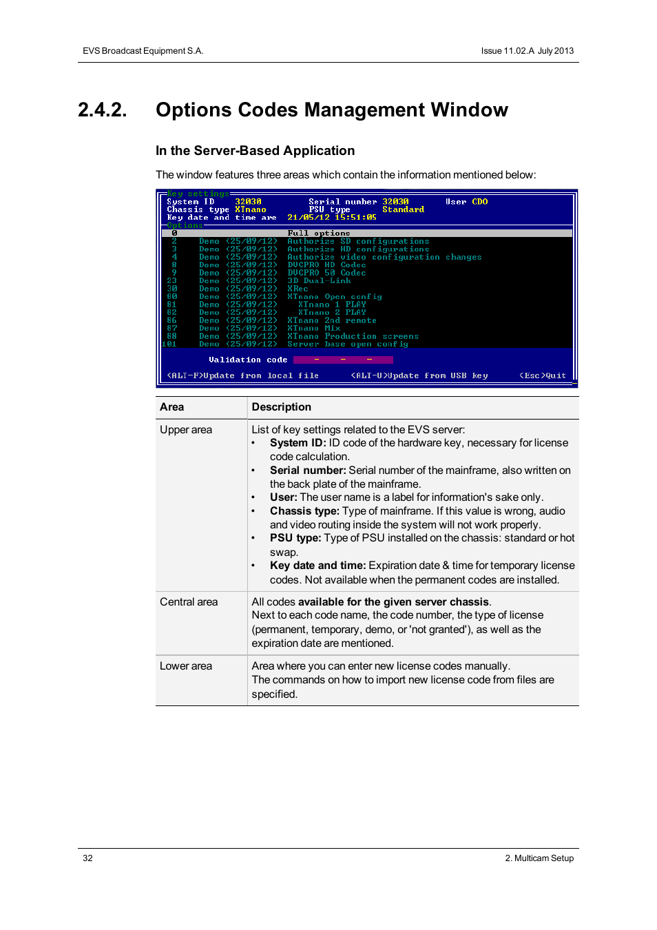 Options codes management window | EVS XTnano Version 11.02 - July 2013 Configuration Manual User Manual | Page 40 / 190