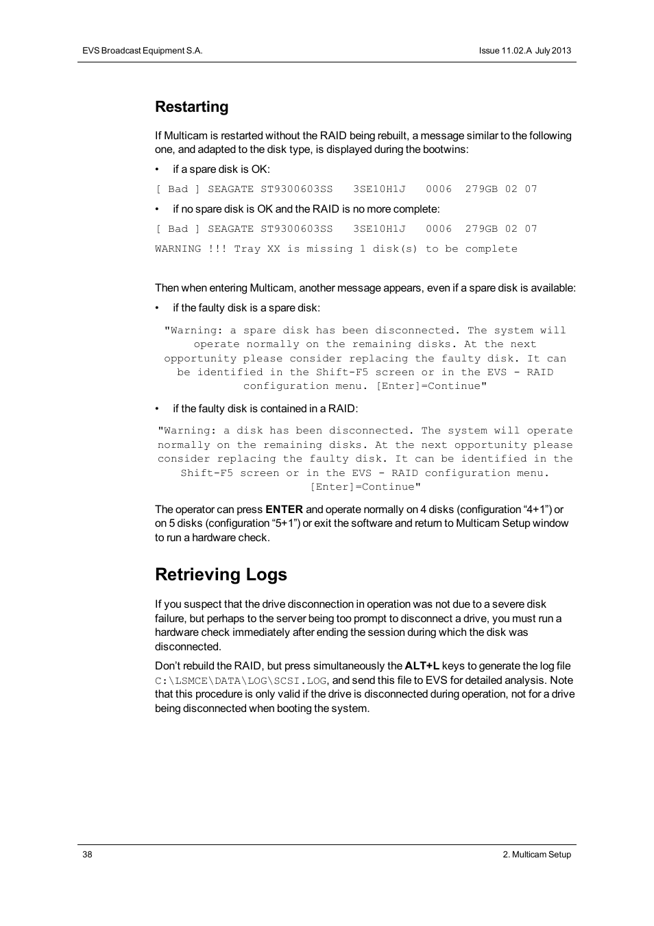 Retrieving logs, Restarting | EVS XTnano Version 11.02 - July 2013 Configuration Manual User Manual | Page 46 / 190