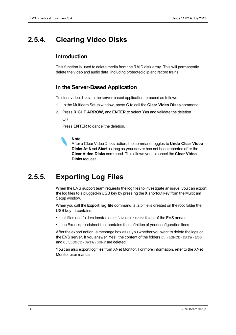 Clearing video disks, Exporting log files, Export log files | Clear video disks, Introduction | EVS XTnano Version 11.02 - July 2013 Configuration Manual User Manual | Page 48 / 190
