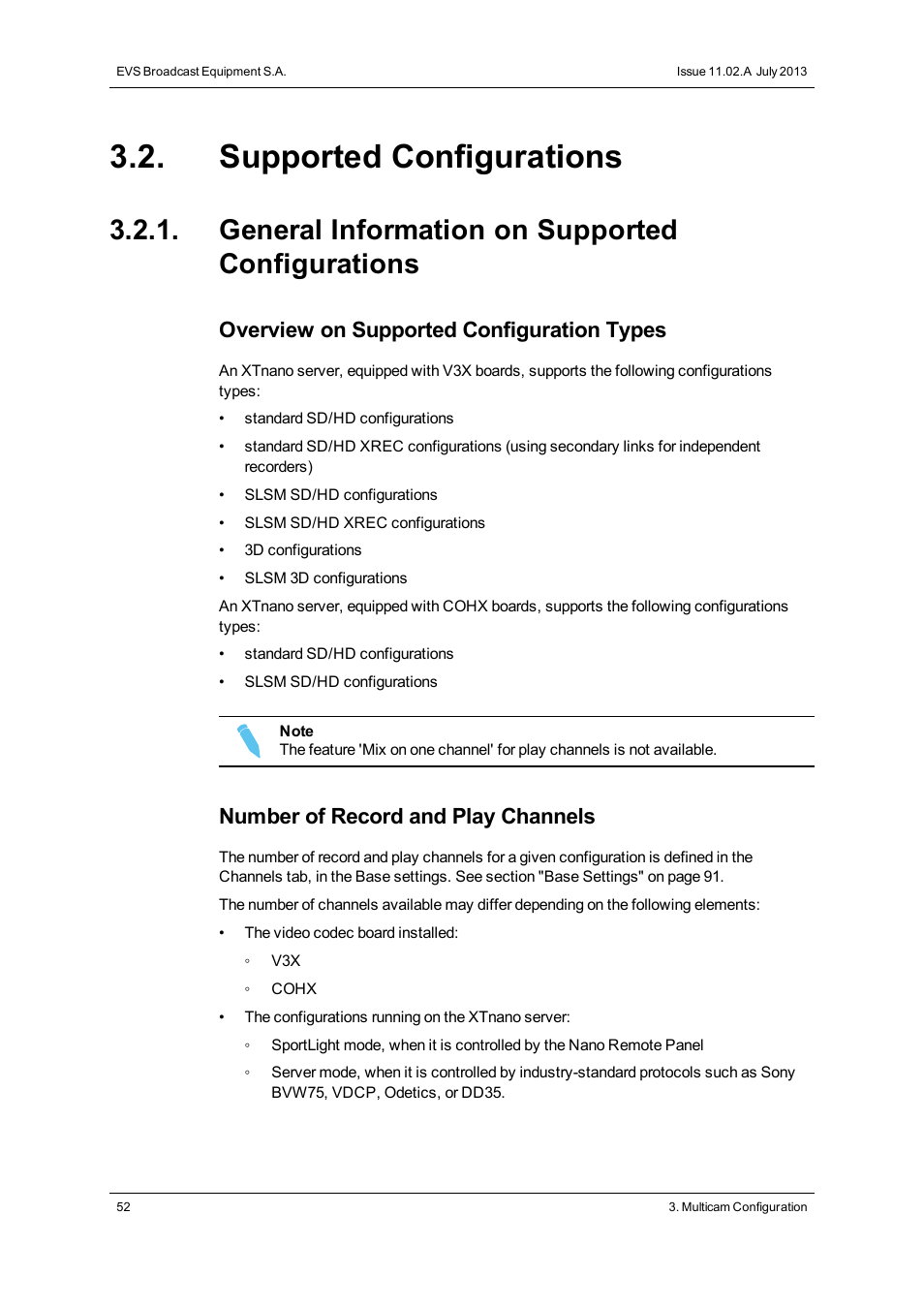 Supported configurations, General information on supported configurations, Overview on supported configuration types | Number of record and play channels | EVS XTnano Version 11.02 - July 2013 Configuration Manual User Manual | Page 60 / 190