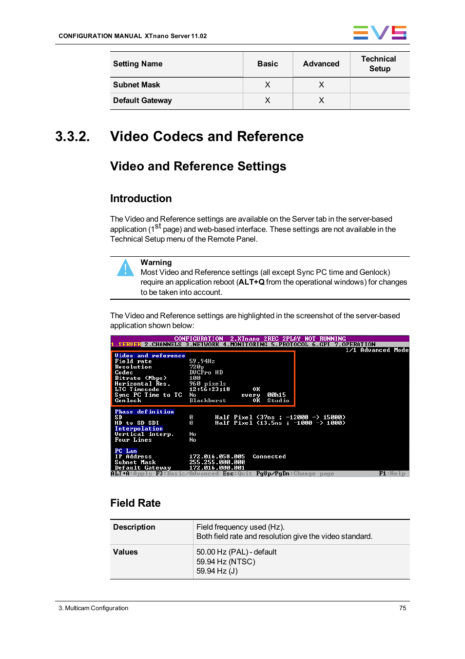 Video codecs and reference, Video and reference settings, Introduction | Field rate | EVS XTnano Version 11.02 - July 2013 Configuration Manual User Manual | Page 83 / 190
