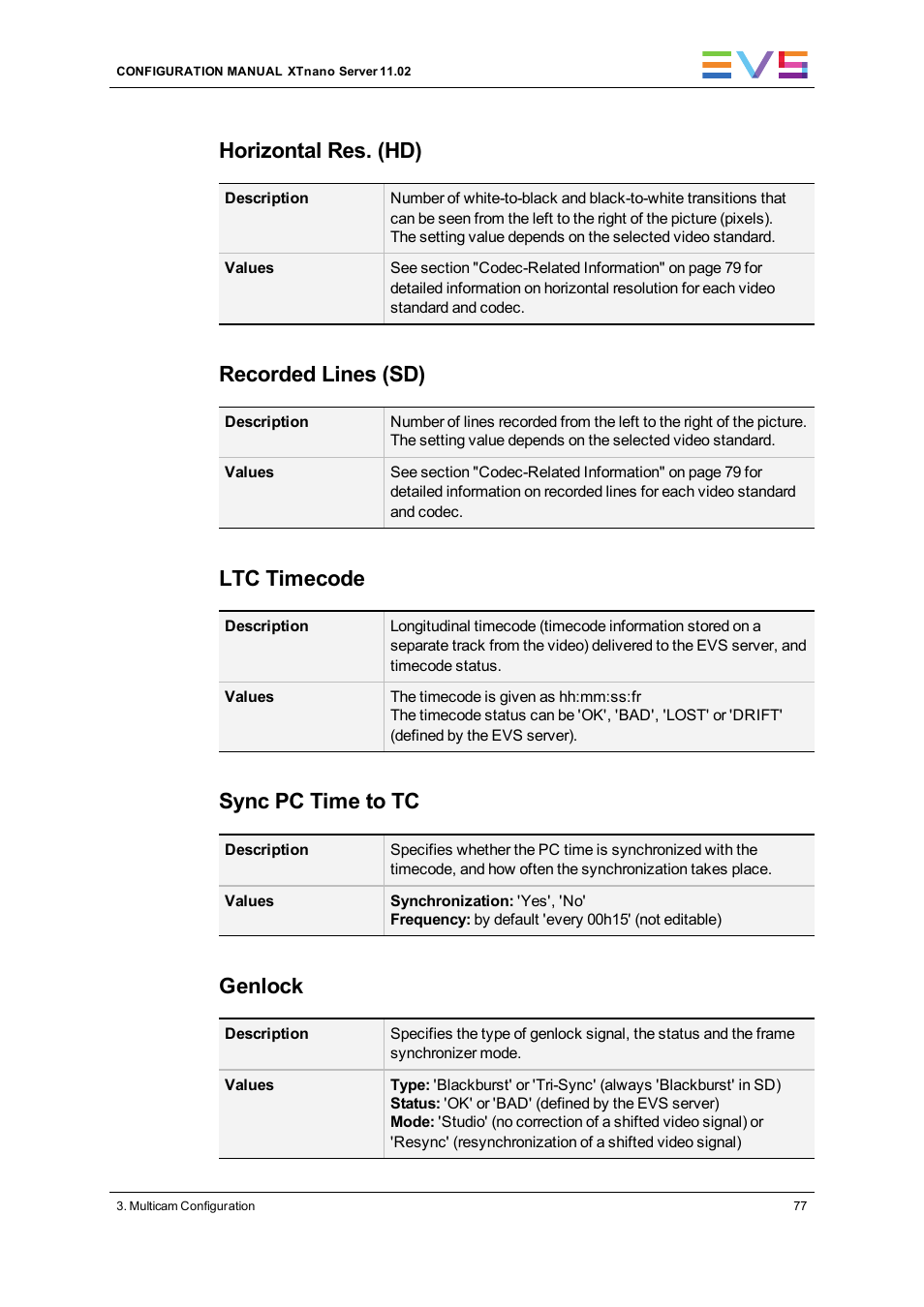 Horizontal res. (hd), Recorded lines (sd), Ltc timecode | Sync pc time to tc, Genlock | EVS XTnano Version 11.02 - July 2013 Configuration Manual User Manual | Page 85 / 190