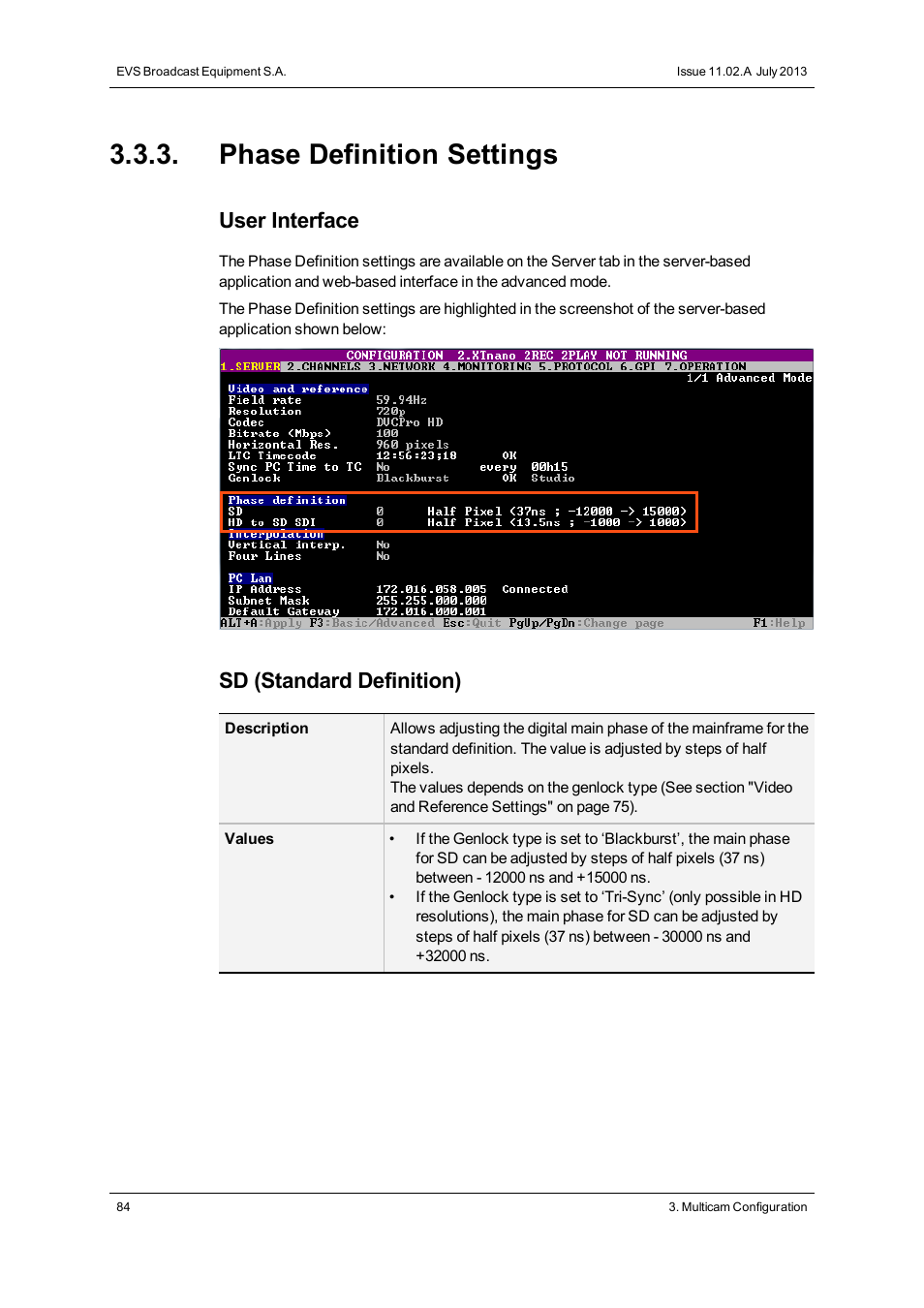 Phase definition settings, User interface, Sd (standard definition) | EVS XTnano Version 11.02 - July 2013 Configuration Manual User Manual | Page 92 / 190
