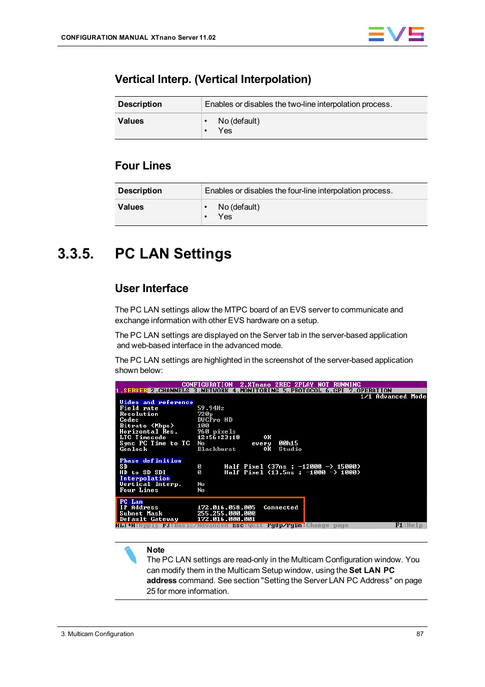 Pc lan settings, Vertical interp. (vertical interpolation), Four lines | User interface | EVS XTnano Version 11.02 - July 2013 Configuration Manual User Manual | Page 95 / 190