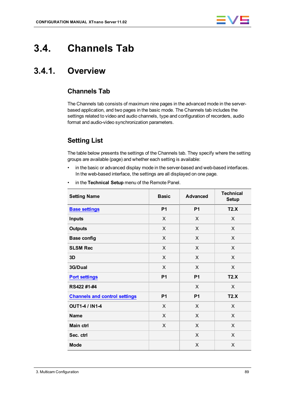 Channels tab, Overview, Channels settings | Setting list | EVS XTnano Version 11.02 - July 2013 Configuration Manual User Manual | Page 97 / 190