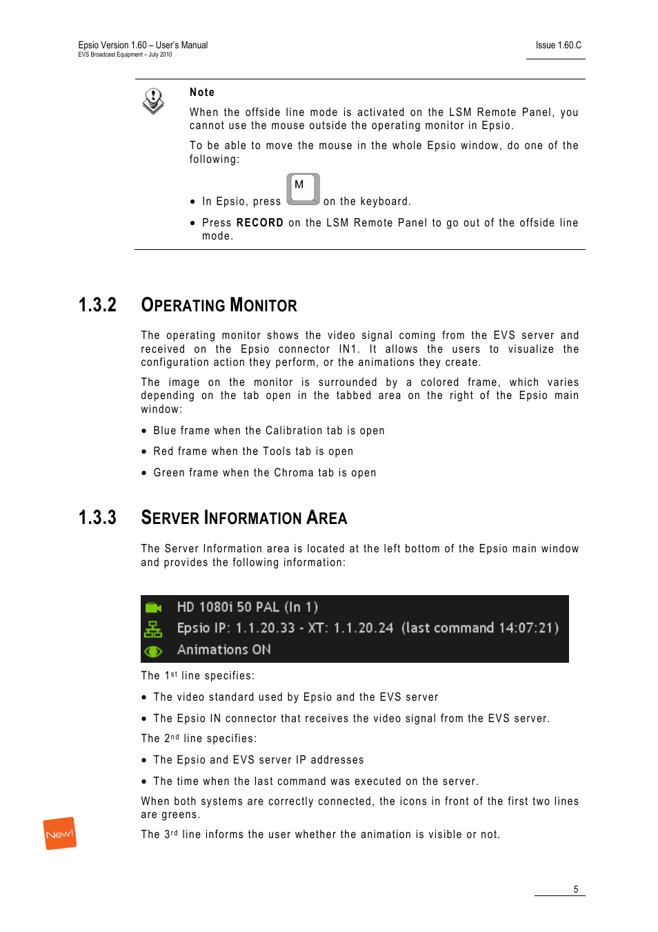 2 operating monitor, 3 server information area, Operating monitor | Server information area, Perating, Onitor, Erver, Nformation | EVS EPSIO Version 1.60 - July 2010 User's Manual User Manual | Page 10 / 58