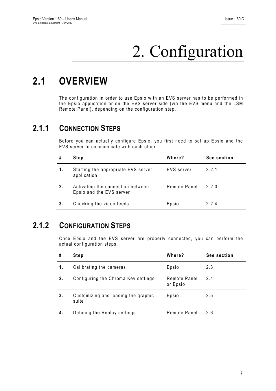 Configuration, 1 overview, 1 connection steps | 2 configuration steps, Overview, Connection steps, Configuration steps, Onnection, Teps, Onfiguration | EVS EPSIO Version 1.60 - July 2010 User's Manual User Manual | Page 12 / 58
