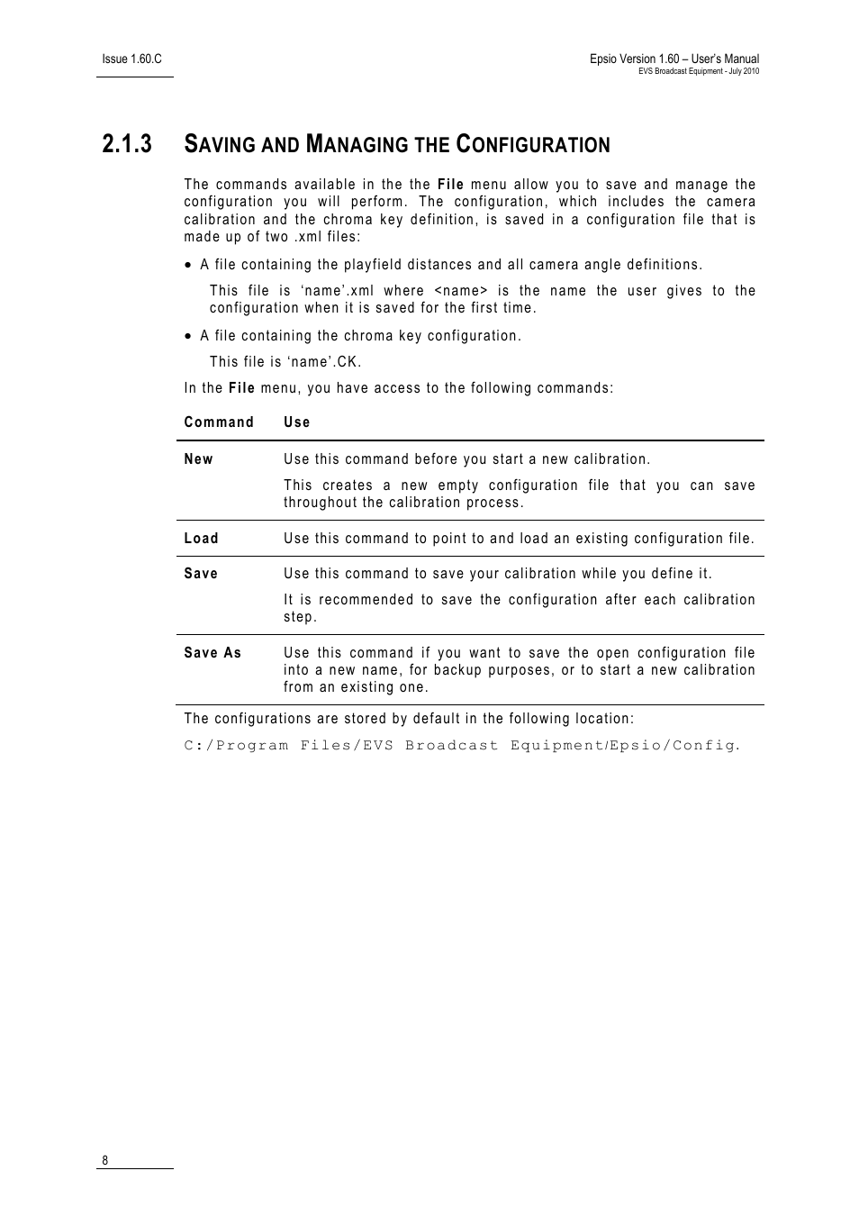 3 saving and managing the configuration, Saving and managing the configuration, Aving and | Anaging the, Onfiguration | EVS EPSIO Version 1.60 - July 2010 User's Manual User Manual | Page 13 / 58