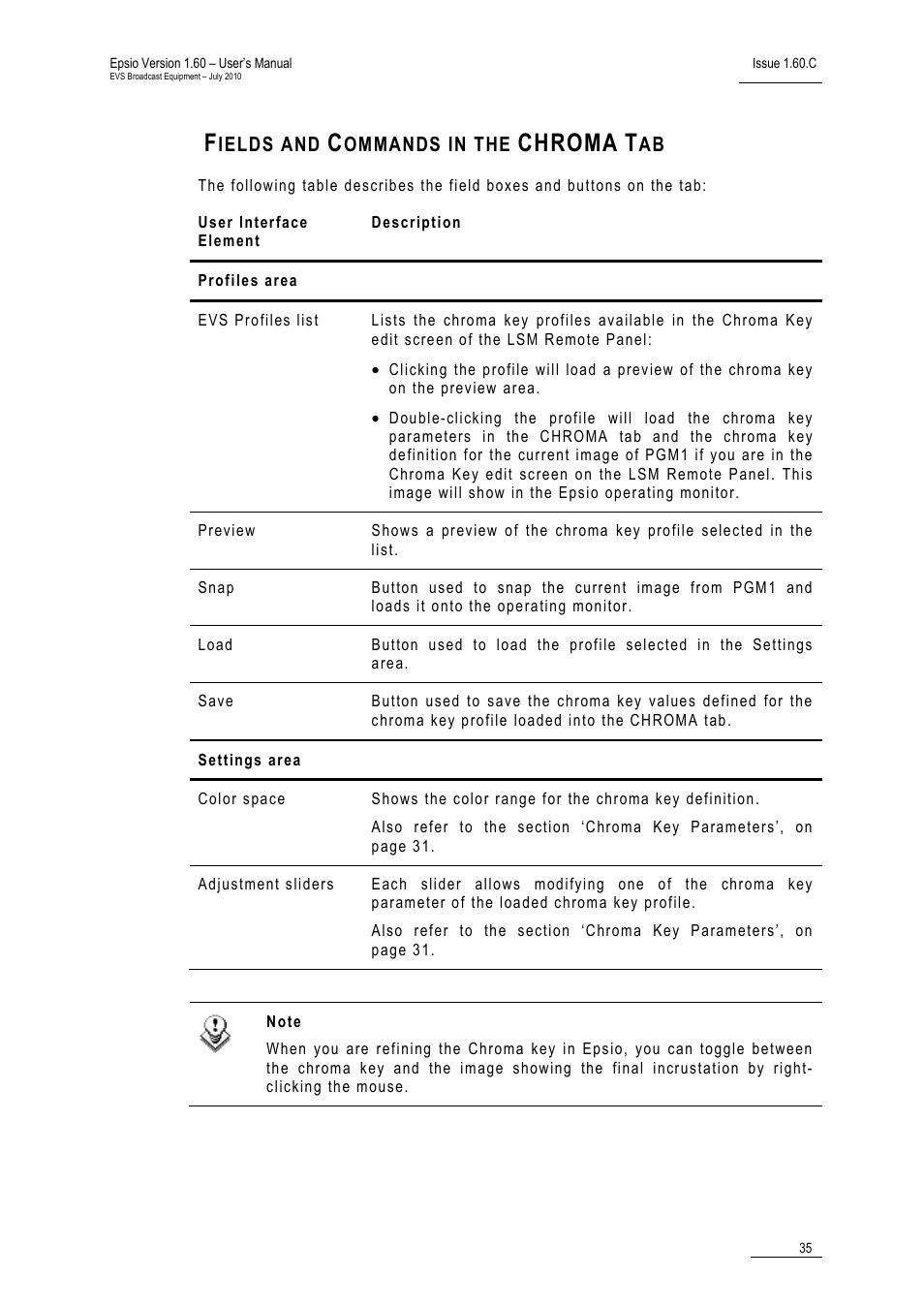Fields and commands in the chroma tab, Chroma | EVS EPSIO Version 1.60 - July 2010 User's Manual User Manual | Page 40 / 58