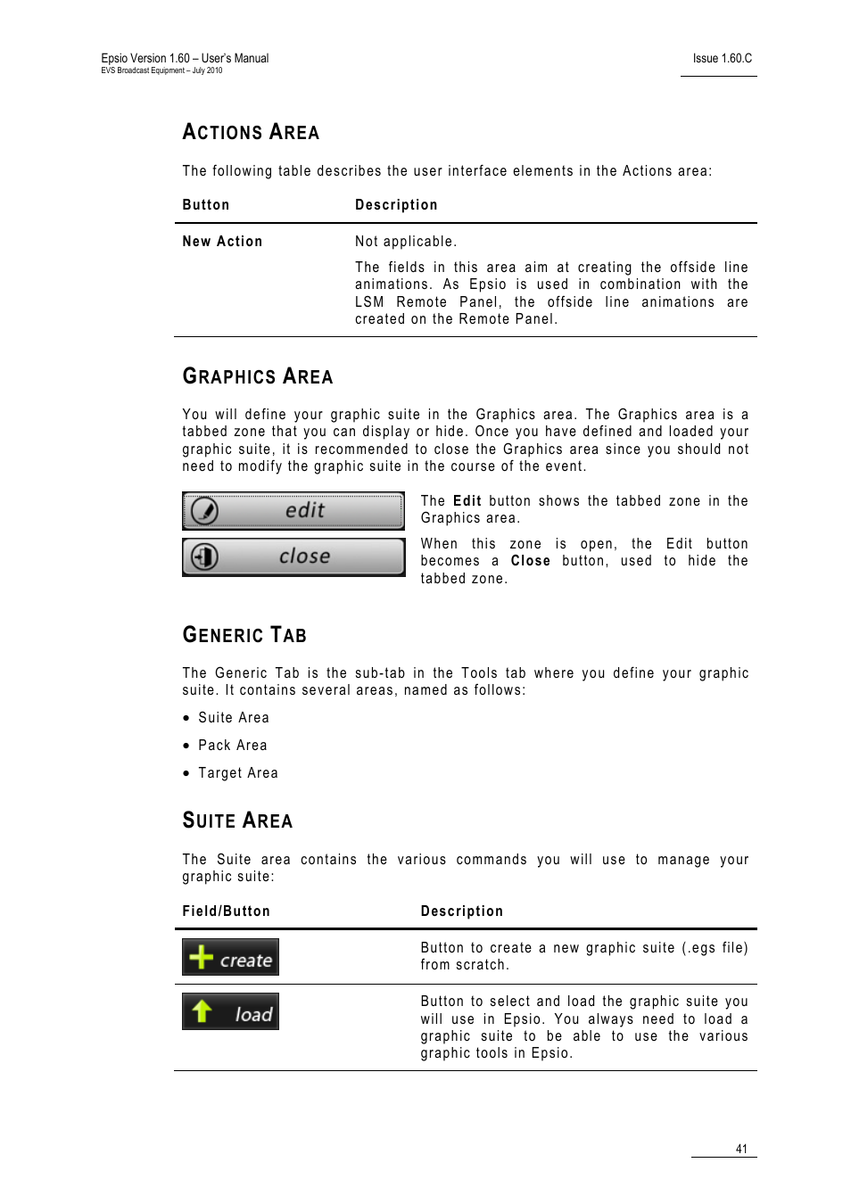 Actions area, Graphics area, Generic tab | Suite area | EVS EPSIO Version 1.60 - July 2010 User's Manual User Manual | Page 46 / 58