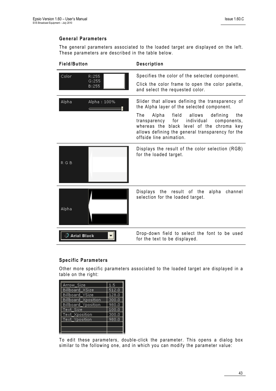 General parameters, Specific parameters | EVS EPSIO Version 1.60 - July 2010 User's Manual User Manual | Page 48 / 58