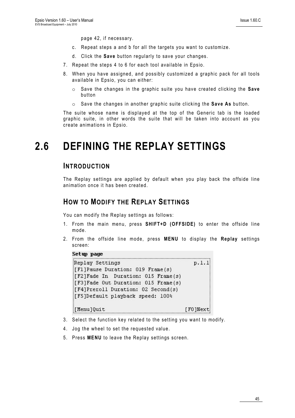 6 defining the replay settings, Introduction, How to modify the replay settings | Defining the replay settings | EVS EPSIO Version 1.60 - July 2010 User's Manual User Manual | Page 50 / 58