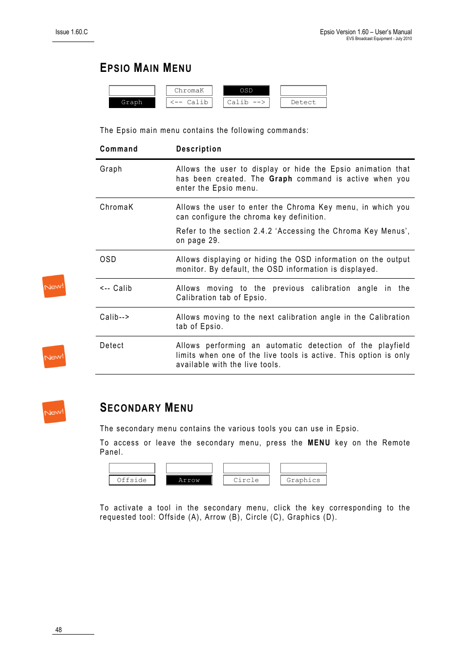 Epsio main menu, Secondary menu, Psio | Econdary | EVS EPSIO Version 1.60 - July 2010 User's Manual User Manual | Page 53 / 58