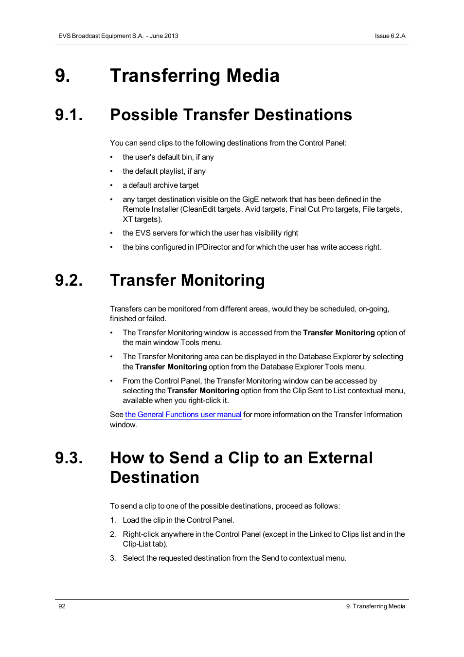 Transferring media, Possible transfer destinations, Transfer monitoring | How to send a clip to an external destination | EVS IPDirector Version 6.2 - June 2013 CONTROL PANEL User Manual User Manual | Page 102 / 110
