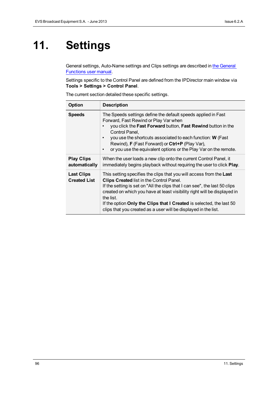 Settings | EVS IPDirector Version 6.2 - June 2013 CONTROL PANEL User Manual User Manual | Page 106 / 110