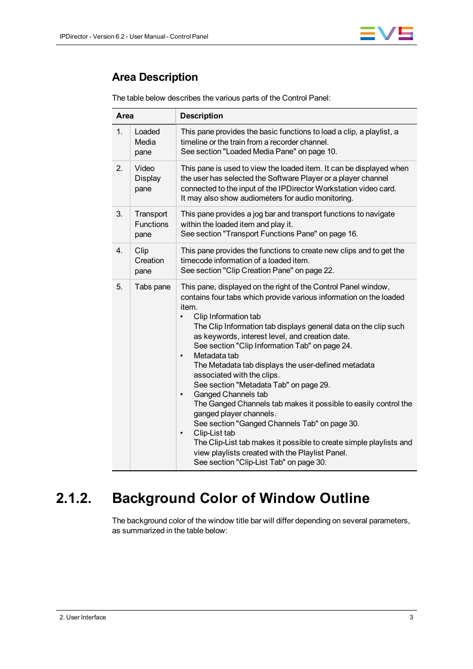 Background color of window outline, Area description | EVS IPDirector Version 6.2 - June 2013 CONTROL PANEL User Manual User Manual | Page 13 / 110