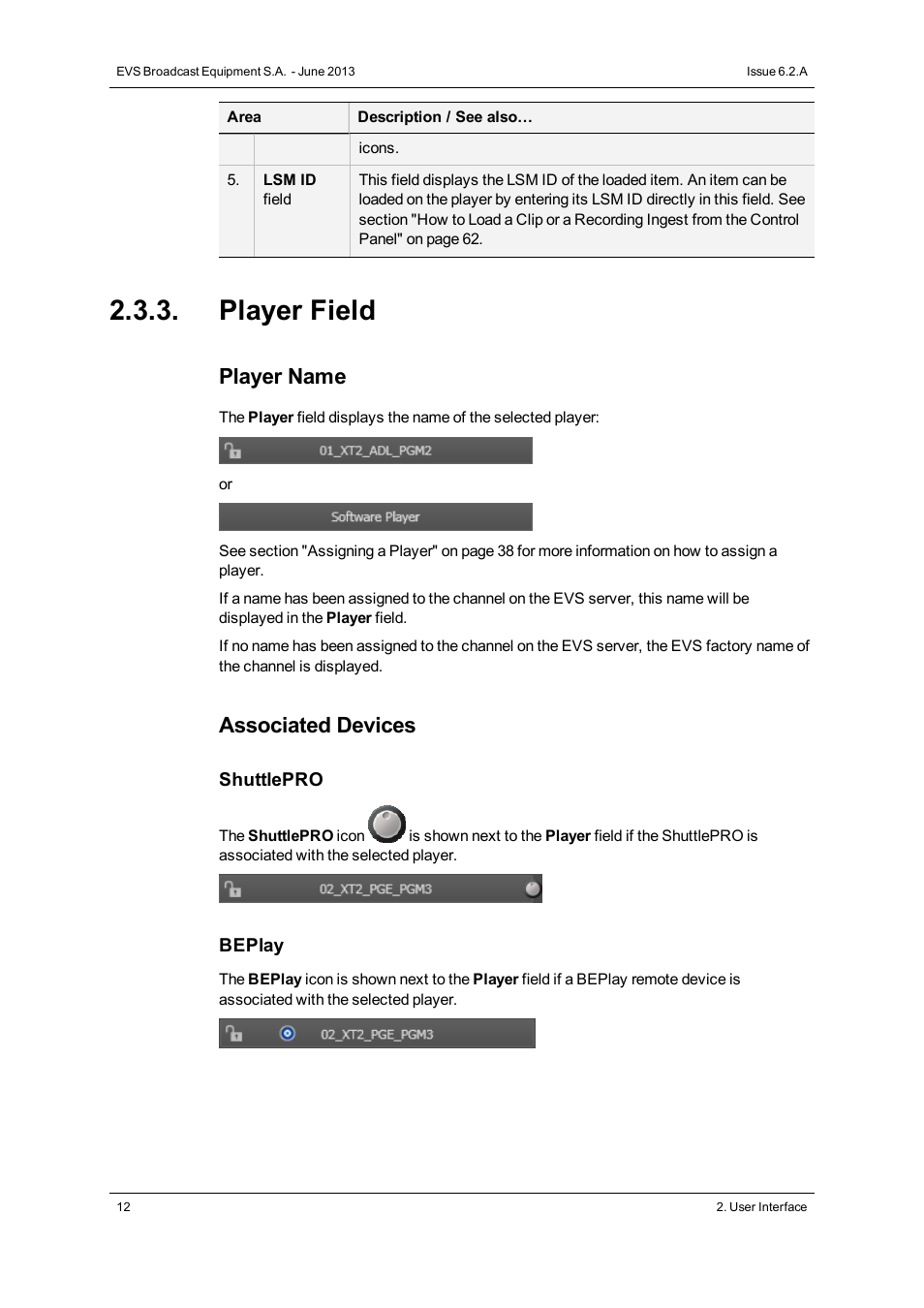 Player field, Player name, Associated devices | EVS IPDirector Version 6.2 - June 2013 CONTROL PANEL User Manual User Manual | Page 22 / 110