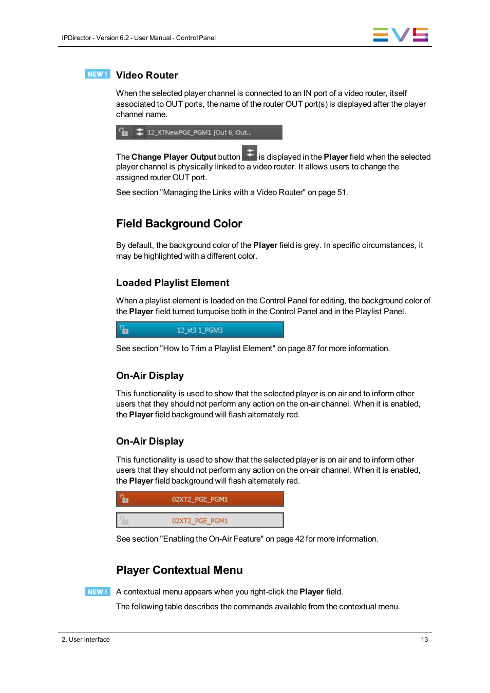 Field background color, Player contextual menu | EVS IPDirector Version 6.2 - June 2013 CONTROL PANEL User Manual User Manual | Page 23 / 110