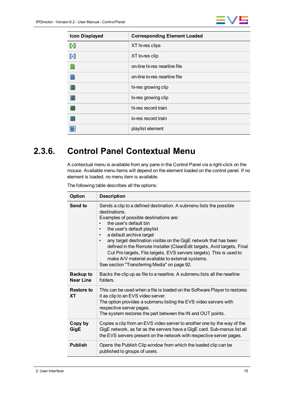 Control panel contextual menu | EVS IPDirector Version 6.2 - June 2013 CONTROL PANEL User Manual User Manual | Page 25 / 110