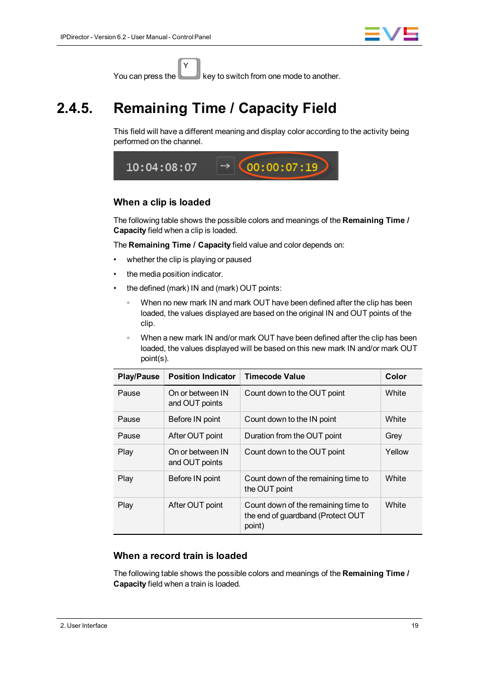 Remaining time / capacity field | EVS IPDirector Version 6.2 - June 2013 CONTROL PANEL User Manual User Manual | Page 29 / 110