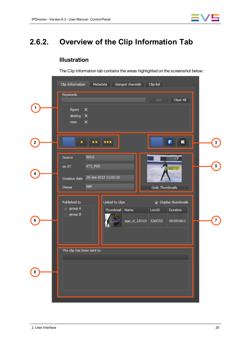 Overview of the clip information tab | EVS IPDirector Version 6.2 - June 2013 CONTROL PANEL User Manual User Manual | Page 35 / 110