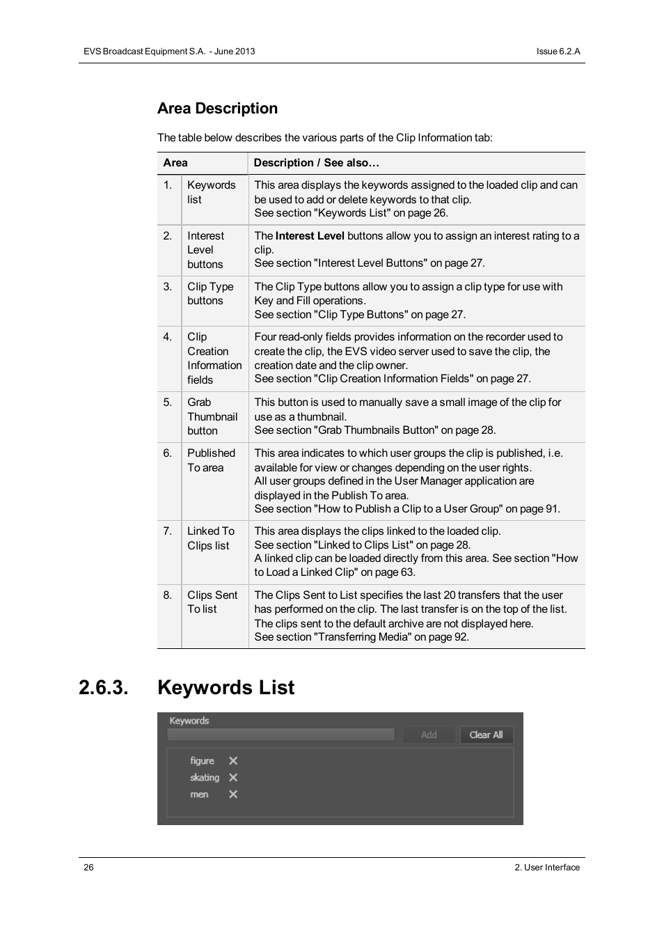 Keywords list, Area description | EVS IPDirector Version 6.2 - June 2013 CONTROL PANEL User Manual User Manual | Page 36 / 110