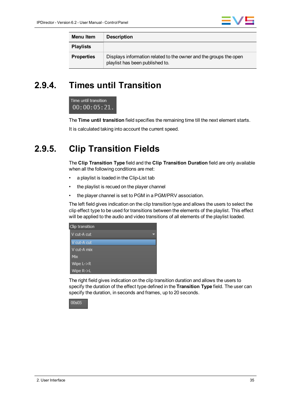 Times until transition, Clip transition fields | EVS IPDirector Version 6.2 - June 2013 CONTROL PANEL User Manual User Manual | Page 45 / 110