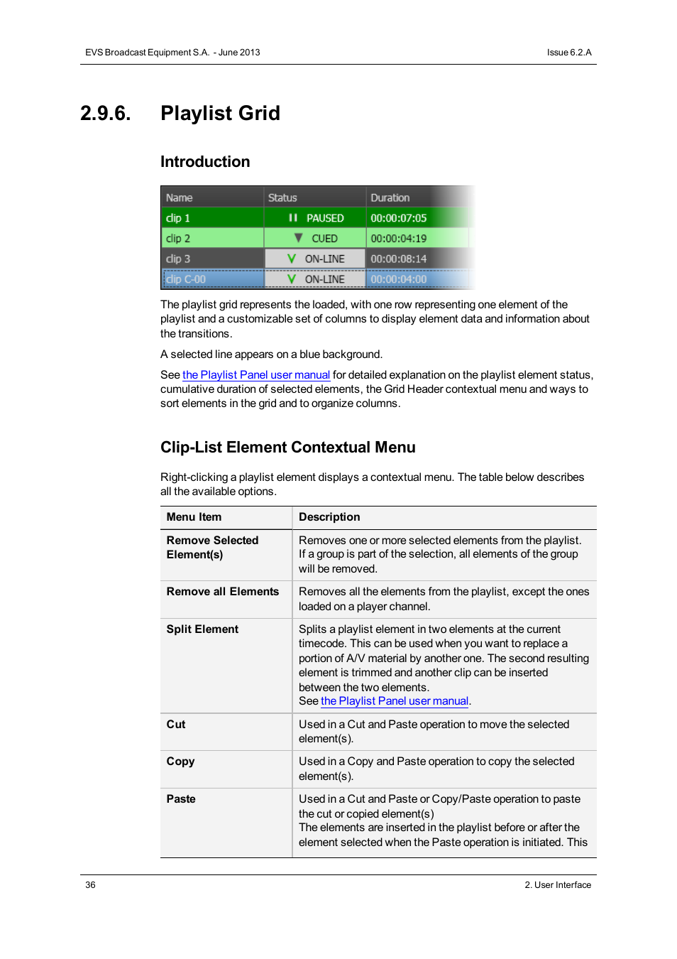 Playlist grid, Introduction, Clip-list element contextual menu | EVS IPDirector Version 6.2 - June 2013 CONTROL PANEL User Manual User Manual | Page 46 / 110