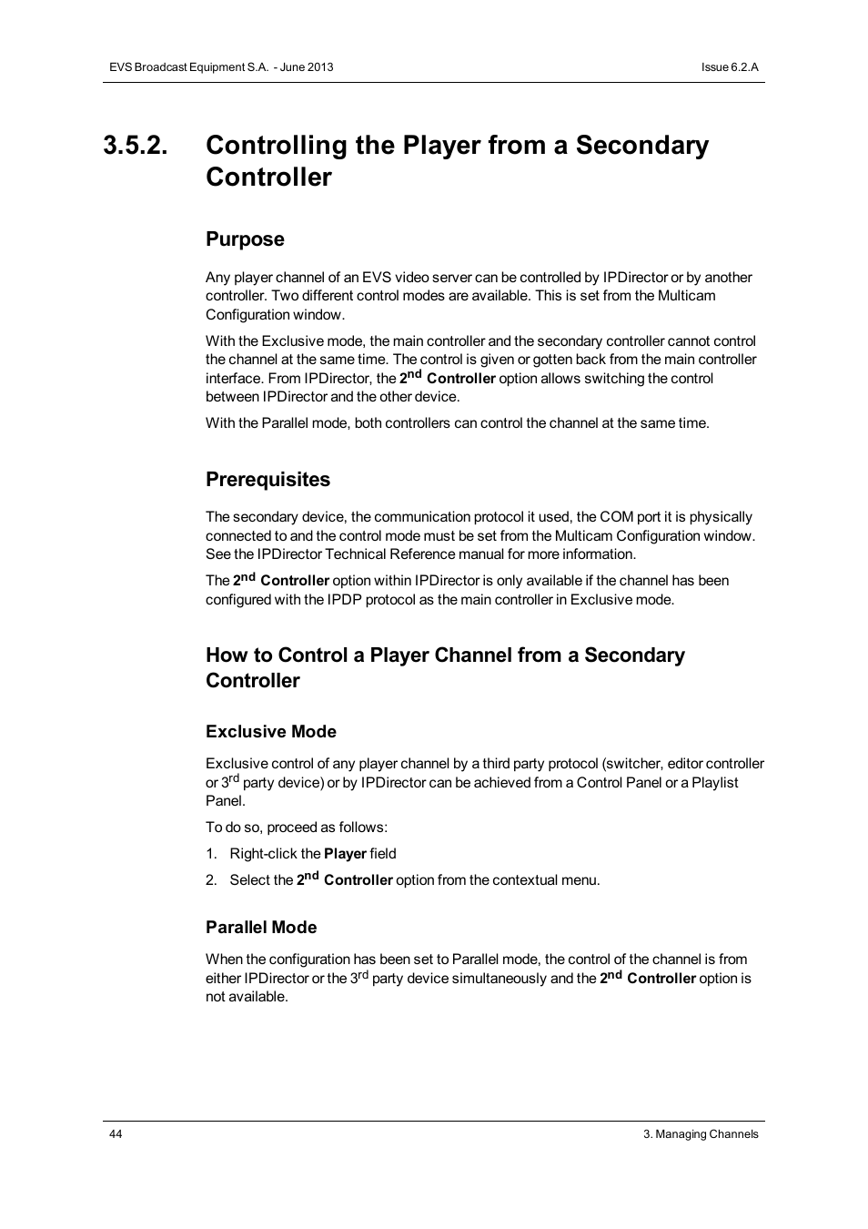 Controlling the player from a secondary controller, Purpose, Prerequisites | EVS IPDirector Version 6.2 - June 2013 CONTROL PANEL User Manual User Manual | Page 54 / 110