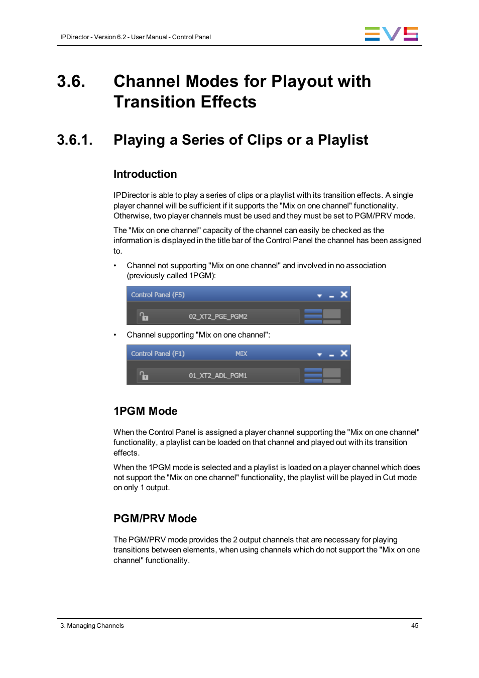 Channel modes for playout with transition effects, Playing a series of clips or a playlist | EVS IPDirector Version 6.2 - June 2013 CONTROL PANEL User Manual User Manual | Page 55 / 110