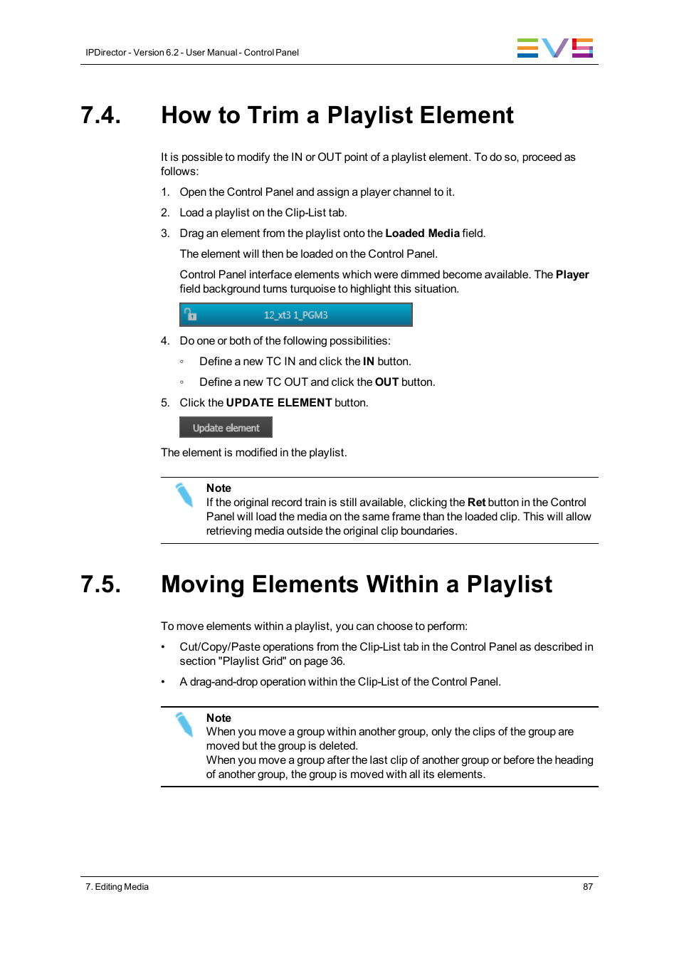 How to trim a playlist element, Moving elements within a playlist | EVS IPDirector Version 6.2 - June 2013 CONTROL PANEL User Manual User Manual | Page 97 / 110